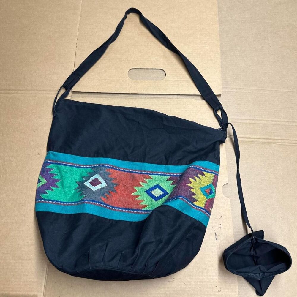 Vintage 90s Laurel Allan Tapestry Canvas Bucket Bag Southwestern Boho